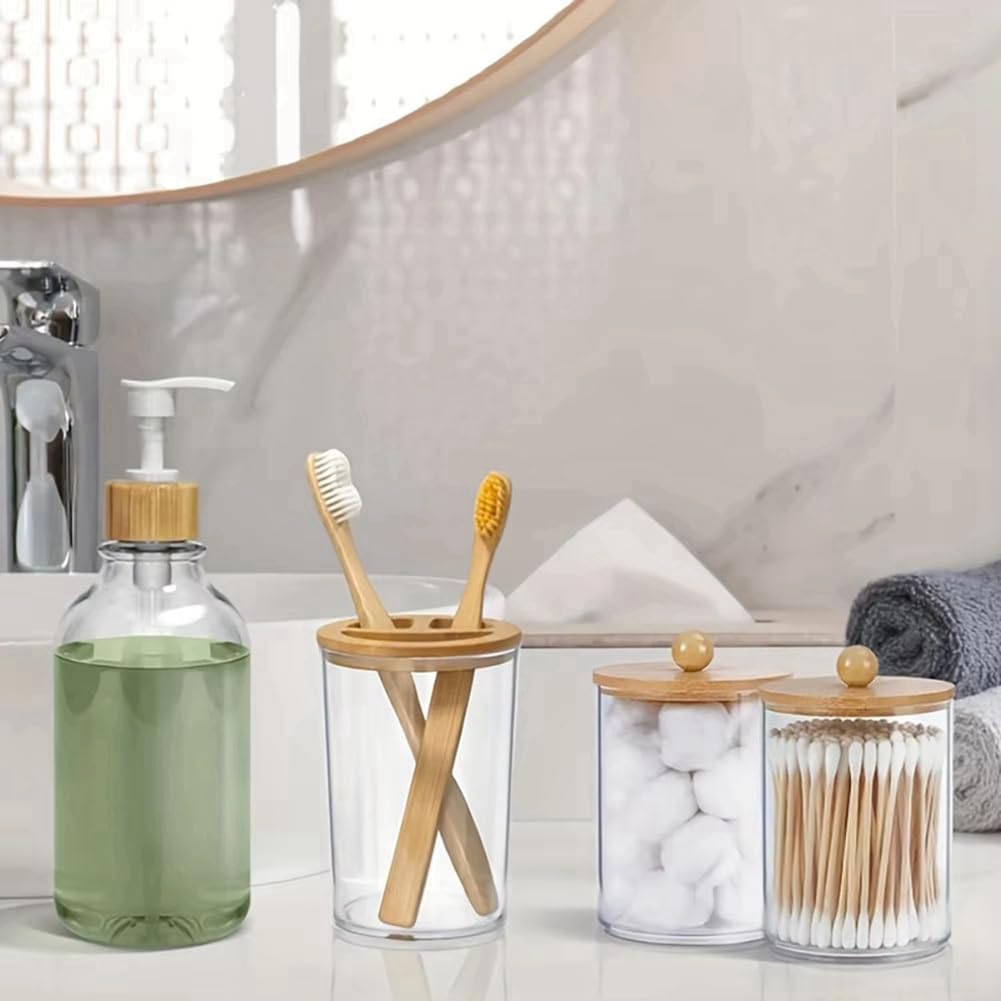 Fuller’s Bambus Badezimmer-Set – 4-teilig, Wasserabweisend – Mit Seifenspender & Zahnbürstenhalter
