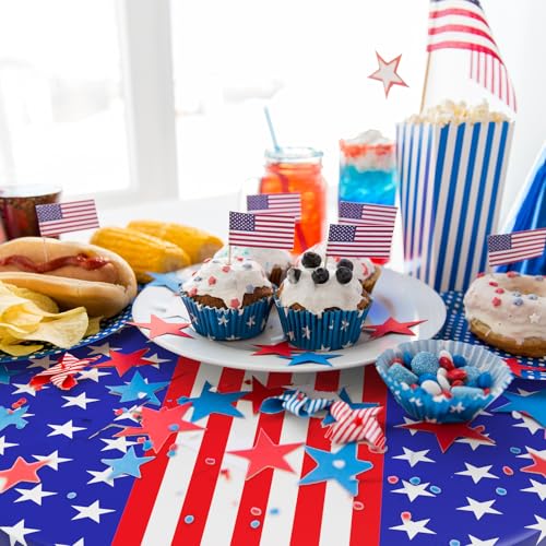 Image of Oudain 4th of July Decoration Tablecloths 84 Inch Plastic 250th Anniversary Patriotic Tablecloth American Flag Red White Blue Disposable Tablecover for Memorial Day Party Supplies(12 Pcs,Star Stripe)
