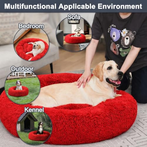 Image of ZEXSAZONE Summer Round Donut Pet Bed for Cats and Puppies Dogs, Cozy and Plush, Raised Bedside Support, Both Sides Use Like 2 in One, Washable Sizes for Small, Medium and Large Pets (Red Medium)