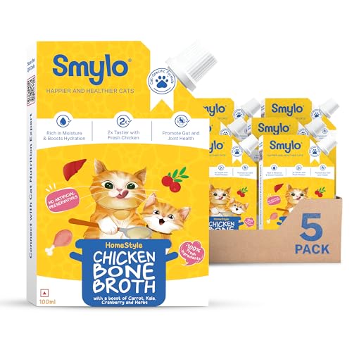 Image of Smylo Summer Cooler, Hydration Rich Chicken Bone Broth for Cats (100ml x 5 Packs) | Rich in Collagen for Bones & Joints Health | Omega 3 & 6 for Shiny Fur & Coat | Cat Food Topper and Cat Supplements