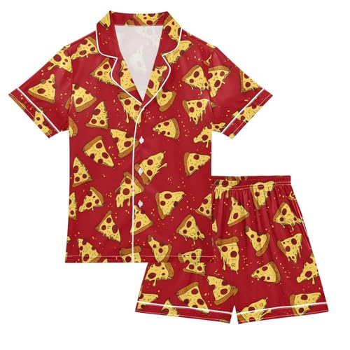 ALAZA Red Pizza Sweet Satin Pajamas Set Short Sleeve Button Down Sleepwear Summer Pjs 2 Piece