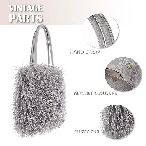 Image of Women's Fuzzy Tote Bag Curly Handbag Furry Shoulder Bag Large Plush Top Handle Purses Winter