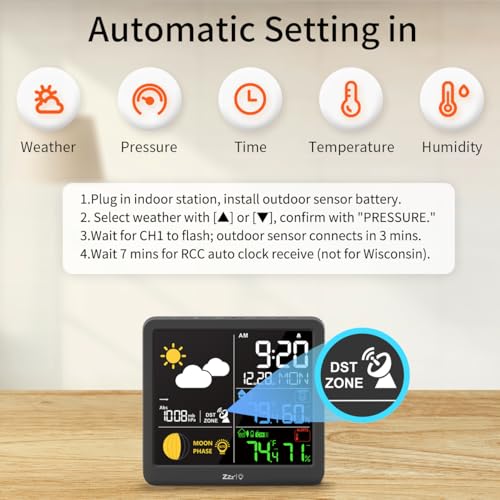 Meesmeek 5298 Weather Station Wireless-Indoor Outdoor Thermometer Temperature Monitor,Hygrometer Humidity Sensor With Rcc Barometric Pressure Moon Phase Atomic Clock Calendar Auto Adjustable Backlight thumb #6