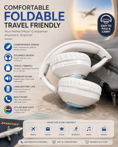 Image of RASSFOAT X7 RGB Wireless Headphones - Powerful Sound, 30H Playtime & Stunning 7-Color RGB Lights. Foldable, Comfortable, and Perfect for Music, Gaming, Movies & Calls-Anywhere, Anytime.