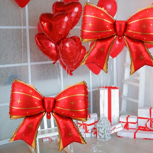 Image of 2pcs Large Bow Balloons, Bow Themed Party Decorations Elegant Coquette Balloons for Coquette Birthday Wedding Engagement Party Decoration (Red with Star Dot)