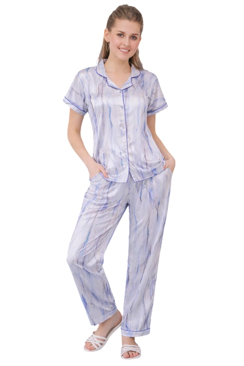 Women’s Satin Pajama Set – Short Sleeve Button-Down Top & Full-Length Pants Sleepwear Lounge Set (Purple, XL)-picture-56