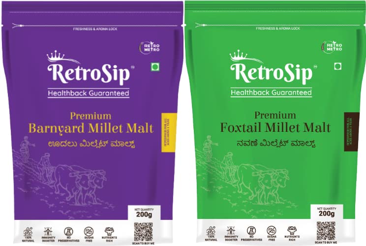 RetroSip® - Combo Pack of 2 | Barnyard Millet Malt 200G, Foxtail Millet Malt 200 G | 100% Natural | Healthy Diet