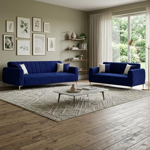Image of Habibi Rich Velvet Suede 3+2 Seater Sofa Set | Spacious Soft Touch Comfort Seating | 5 Person Seating | Modern Living Room Sofa Set (Dark Blue)