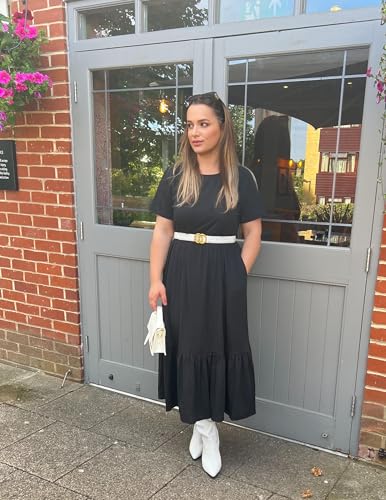 Image of IN'VOLAND Women Plus Size Short Sleeve Dress Loose Plain Casual Summer Flowy Tiered Long Maxi Dresses with Pockets