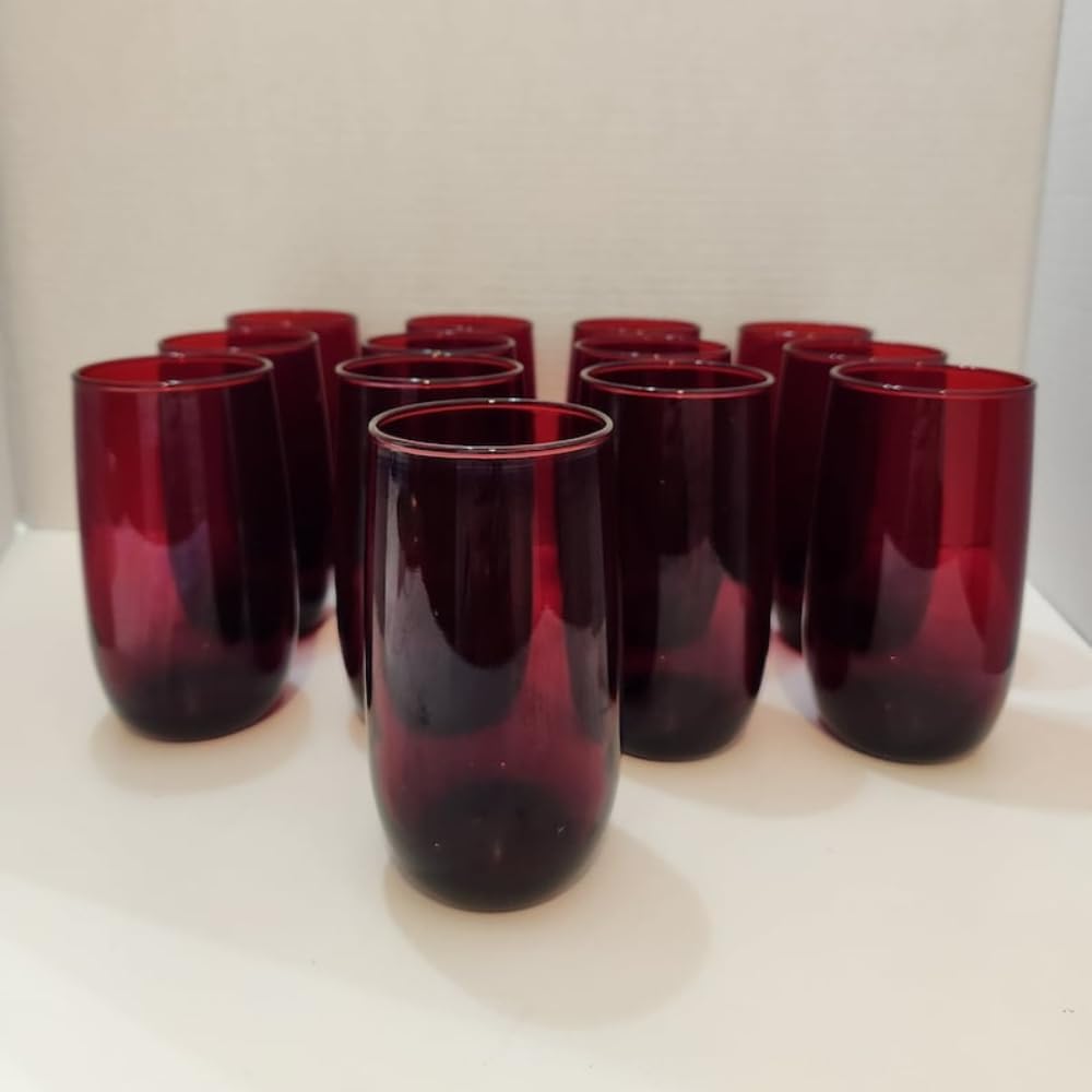HANLX Glass Wine Cup Set of 13 Vintage Ruby Red Glass Tumblers Red Depression Glasses Cups Drinking Glassware