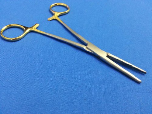 2 PCS GOLD HANDLE PREMIUM O.R GRADE SUTURE LACERATION KIT MOSQUITO HEMOSTAT LOCKING FORCEPS 5" CURVED 5" + KELLY HEMOSTAT FORCEPS 5.5" STRAIGHT (HTI BRAND) - Thumbnail 2
