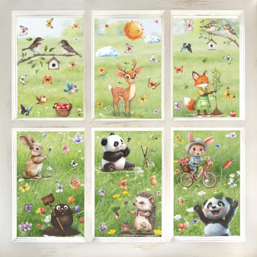 Stickers Fenêtre Printemps Décorations, Deco Printemps Intérieur, Autocollants Fenetre Électrostatiques avec Papillon Fleur Animal, Decoration pour Porte...