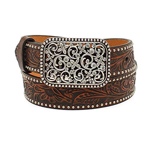 ARIAT Girls' Belt, Floral Embossing with Nailhead Edging, Square Floral & Crystal Buckle
