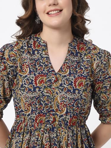 Image of PIDAVLIYA'S Women's Floral Summer Maxi Dress I Cotton Printed I One Piece Bodycon Midi Dress with V-Neck, Puffed Sleeves