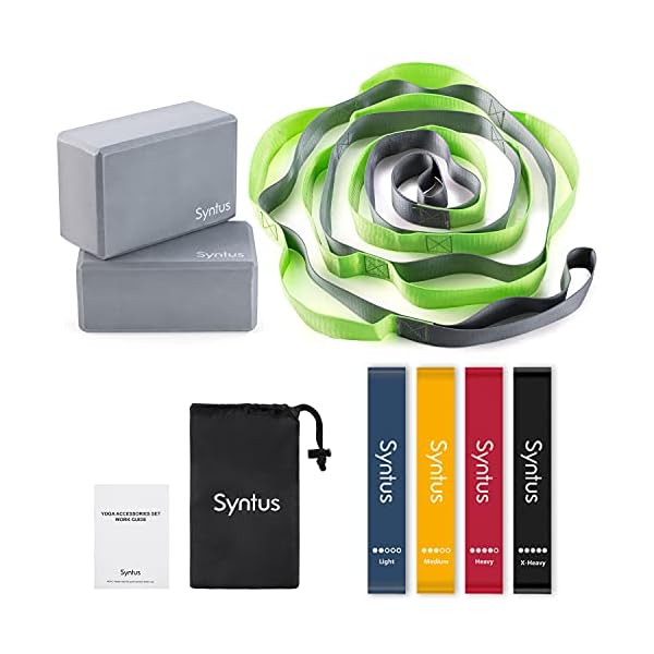 Syntus 9-in-1 Yoga Set, 1 Yoga Strap with 12 Loops, 2 EVA Foam Soft Non-Slip Yoga Blocks 9×6×4 inches,4 Resistance Bands with Instruction Book for Yoga, Pilates, Stretchings (Grey)