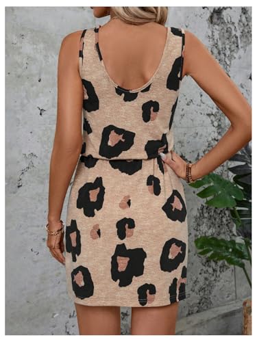 Women's Leopard Print Sleeveless Tank Dress Drawstring Waist Scoop Neck Dresses Summer Short Dress2
