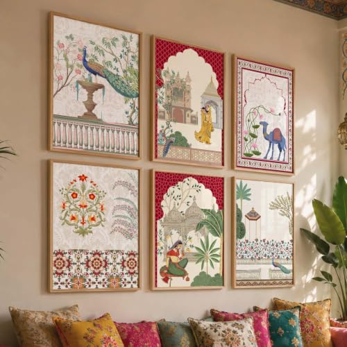 Image of kotart Pichwai Art Painting for Wall Decoration|Framed Wall Painting for Home Room Bedroom Office Wall Decor|Traditional Indian Wall Art Madhubani Paintings for Living Room|set of 6 (B, 10x13 inch)