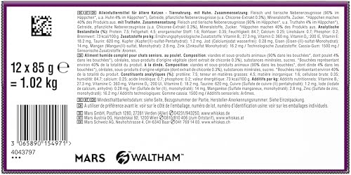 Whiskas Senior 11+ Katzennassfutter Geflügel Auswahl in Gelee, 48 Portionsbeutel, 12x85g (4er Pack) – Hochwertiges Katzenfutter nass, für Katzen ab dem 11. Lebensjahr