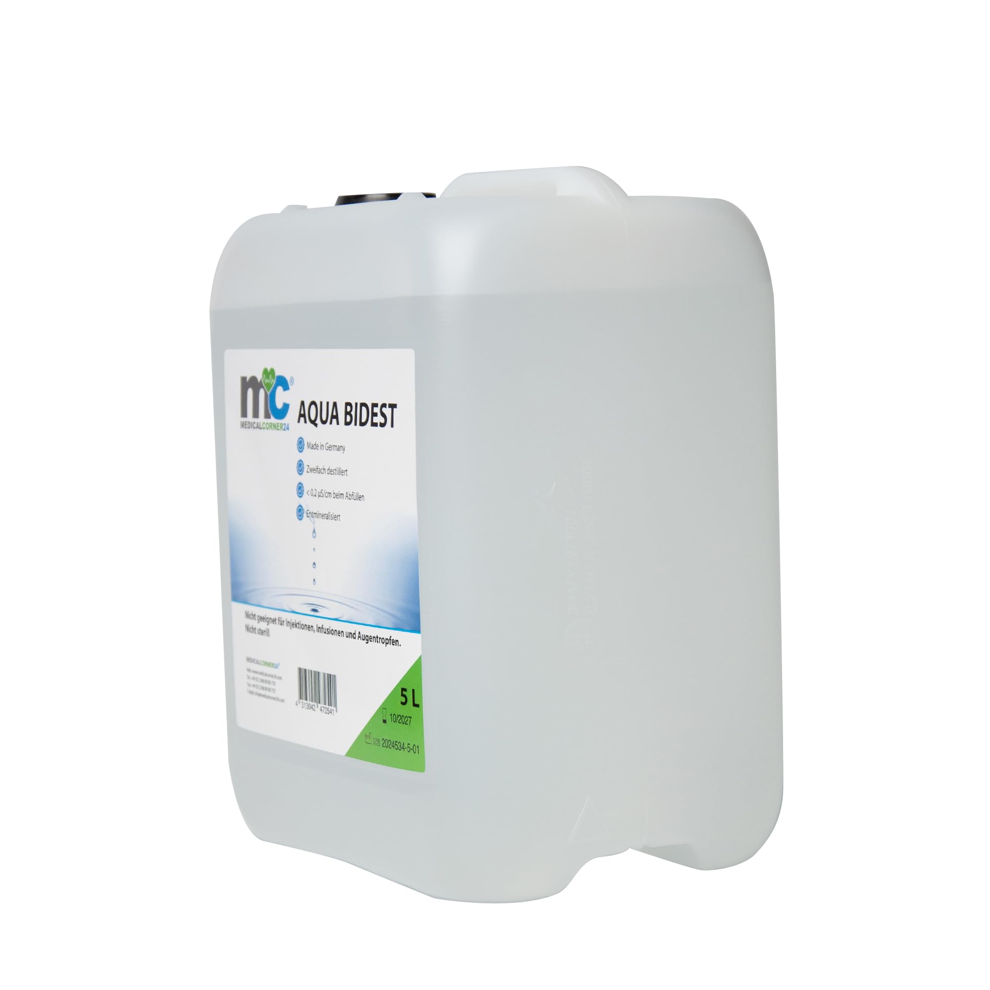Medicalcorner24 Bidestilliertes Wasser AQUA BIDEST, zweifach destilliertes Wasser, Laborwasser Reinst-Wasser, 4 x 5 Liter Kanister