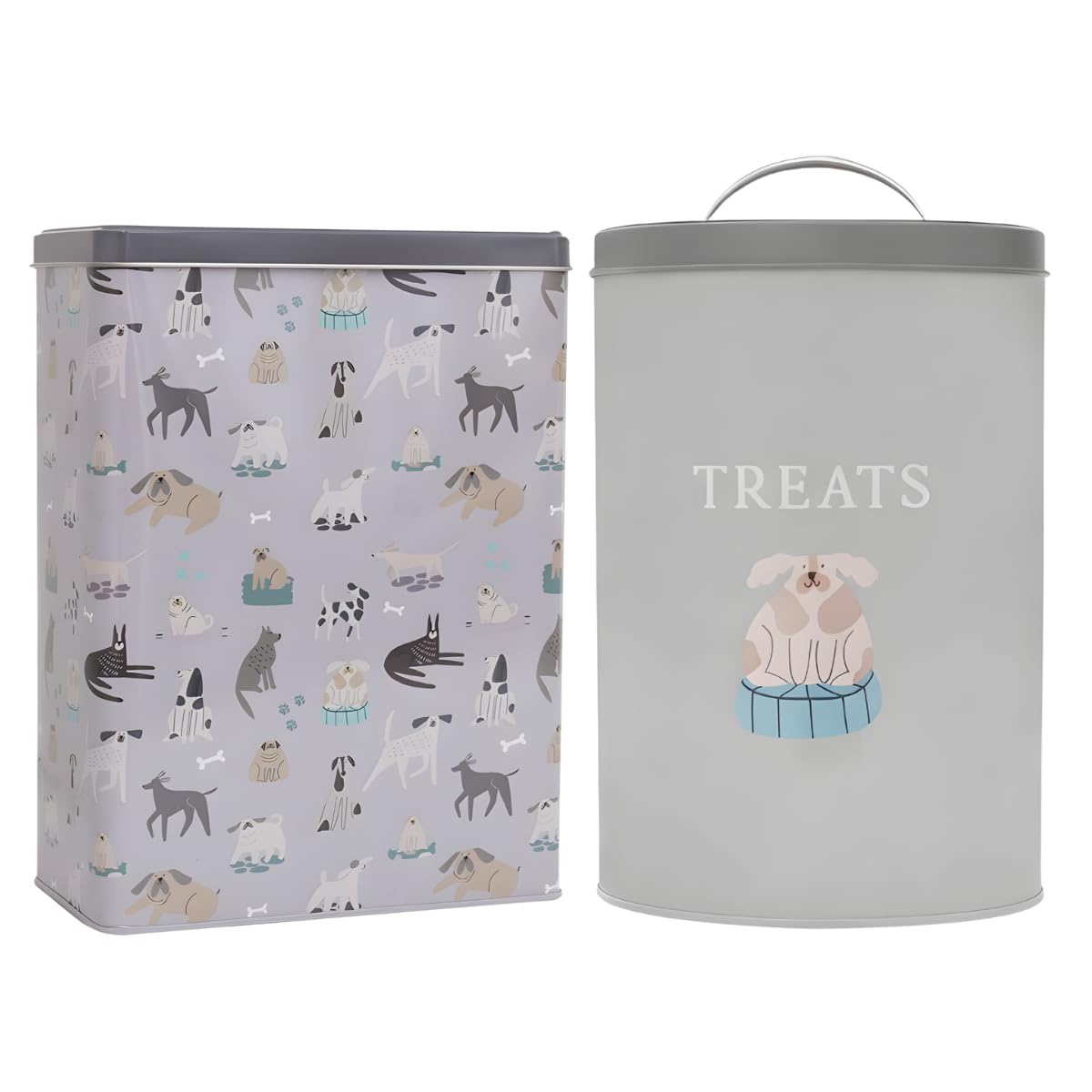 Yöl Grey Set Of 2 Pet Treat Storage Tins With Lids Dog Print Design Durable Metal Containers In Two Sizes For Biscuits Chews Training Rewards Kitchen Pet Feeding Storage Organiser