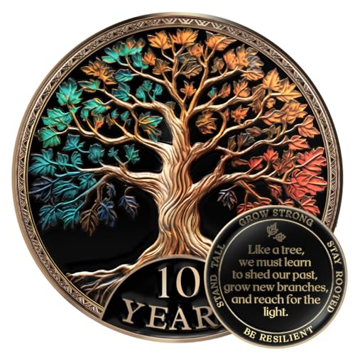 Image of MilestoneMint 10 Year Sobriety Coin Tree of Life Gift Set | Anniversary Sobriety Gifts for Men & Women | AA Coins and Medallions with Token Capsule, Stand & Card | 3D Texture, Recovery AA Chips
