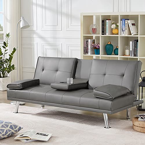 DKLGG Modern Futon Sofa Bed, Faux Leather Upholstered Sofa Couch, Convertible Sleeper Sofa with Removable Armrests 2 Cup Holders Couch Sofa Sleeper for Small Space, Home, Living Room, Apartment, Gray DKLGG Modern Futon Sofa Bed, Faux Leather Upholstered Sofa Couch, Convertible Sleeper Sofa with Removable Armrests 2 Cup Holders Couch Sofa Sleeper for Small Space, Home, Living Room, Apartment, Gray