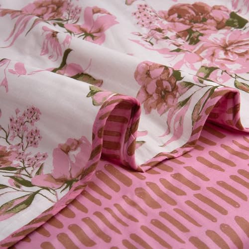 Image of HUESLAND 100% Cotton Reversible Dohar Toddler Size | Soft Cambric Weave, All Weather Light Comforter AC Quilt | Infants-New Born Blanket | 41 x 55 inches, Blushing Blooms - White, Pink & Green