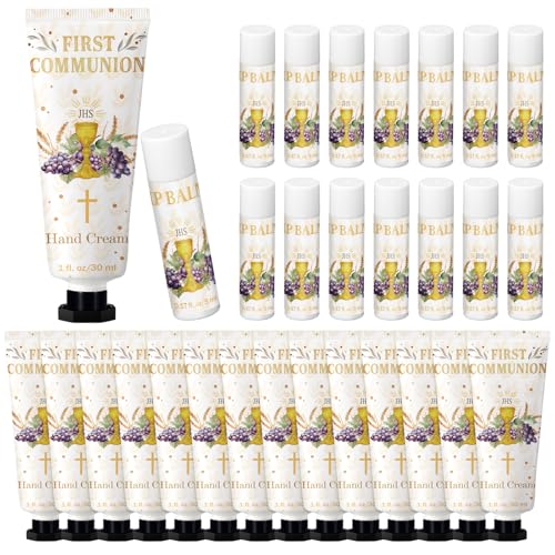 Dansib 15 Set First Communion Gifts Hand Creams and Lip Balms for Guests First Communion Baptism Party Favors Travel Size Hand Lotion Lip Balm Deluxe Boxed Religious Gift Set for Women Party Favors