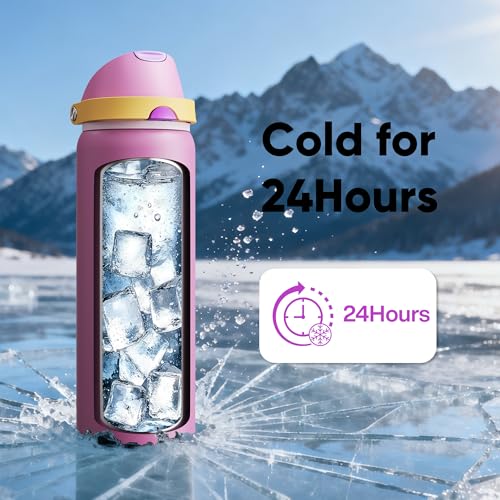 Image of Insulated Water Bottle with Straw - Encool Stainless Steel Water Bottle with Push Button Lid, Leak-Proof & BPA-Free, Keeps Cold for 24 Hours for Sports, Travel, Gym (32 oz, Light Orchid-Fuchsia)