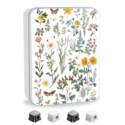 Image of Metal Tin Box with Lid for Game Cards Home Organizer Candles Keys Crafts Storage - Equipped with 4 Magnetic Cord Clips，Flowers and Butterflies