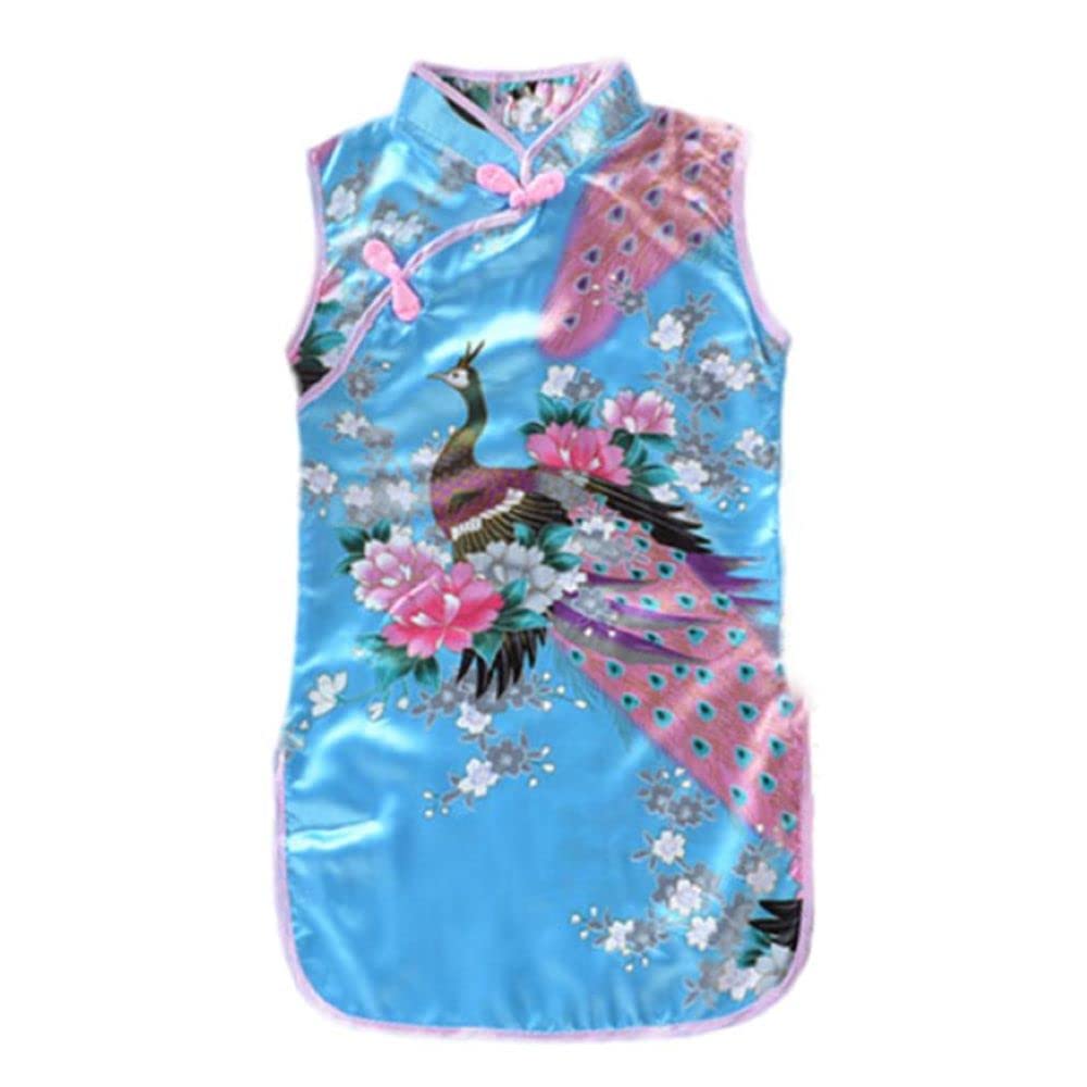 Famzon Girls Sky Blue Asian Chinese Pakistani Dress 1-13 Years Peacok Silk Cheongam Dance Dress Party Dress (As8, Age, 5_Years, 7_Years, Regular, )
