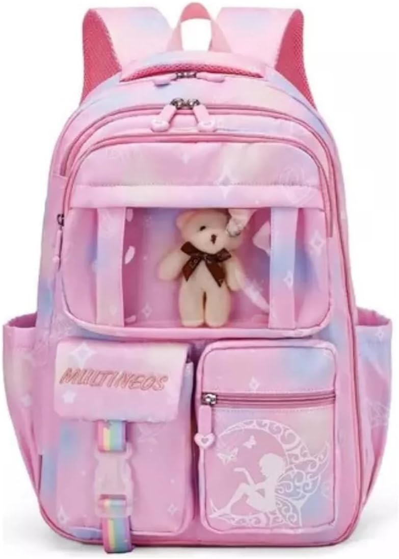 Mochila Escolar Infantil Feminina Estampada, Espaçosa, Grande, Volta às Aulas, com Estojo Acoplado e Urso