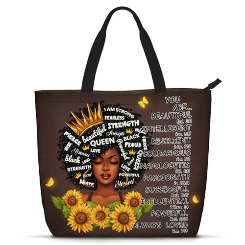Foinior Bolsa feminina negra afro-americana, bolsa de ombro mágica, para trabalho, viagem, praia, compras, Rainha preta com girassol, 19.7 '(L) X 15.7'(H) X 5.9' (W)