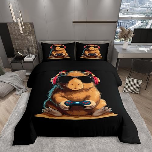 Homewish Cooles Gaming Capybara Bettwäsche Gamer Capybara Videospiele Druck Bettbezug Set 135x200cm Kinder Teenager Trendkunst-Stil Design Bettset Wohndekor Tier und Gaming Enthusiasten Bettwäscheset