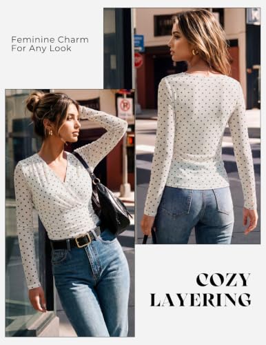 GRACE KARIN Mesh Long Sleeve Tops for Women,Wrap V Neck Boho Top Dressy Casual,Ruched Floral Blouses Clothes Beige White XXL — view 4