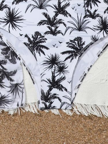 Image of Girl's 3 Piece Bikini Set Tropical Leaf Print Swimwear Bathing Suit Swimsuit with Kimono Cover Up Black 10Y