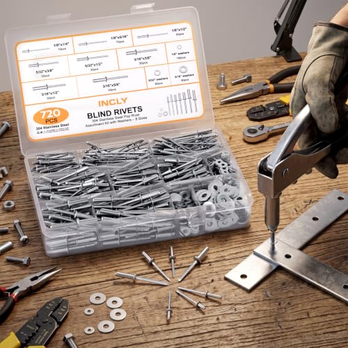 Image of INCLY 720Pcs 304 Stainless Steel Rivets with Washer Assortment Kit | 8 Sizes Pop Rivets, 1 /8 inch, 5 /32 inch, 3 /16 inch, with 3 Sizes Washers, Stainless Rivets for Metal, Automotive, Furniture, DIY Repair