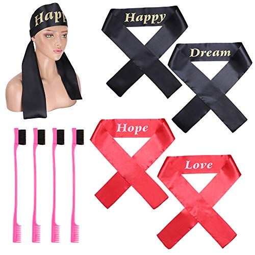 YMHPRIDE Edge Laying Scarf Edge Brush Set for Lace Frontal Wigs Wig Grip Headbands Non Slip Hair Wrap Keep Wig Secured, Silk Stain Letter Headbands for Makeup,Facial,Sport,Yoga(4 Pieces)