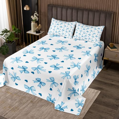 jejeloiu Kids Blue Bowknot Coverlet Set Queen Size, Princess Bow Quilted Coverlet Girls Knot Bedspread Boys Girls Teens Bedroom Decor 3Pcs