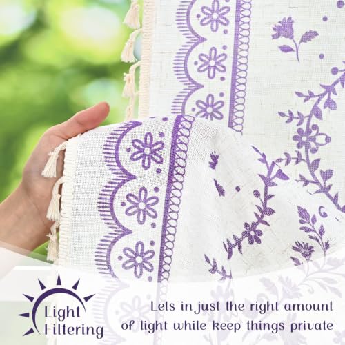 Image of Yinhua Boho Swag Valance Curtains Vintage Linen Valances for Windows Light Filtering Floral Kitchen Valance Rod Pocket Rustic Tassel Window Valances for Bathroom Cafe, 60 inch W x 36 inch L, White Purple