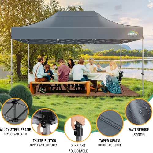 Image of COBIZI 10x15 Heavy Duty Pop Up Canopy Tent with 4 Sidewalls, Gray