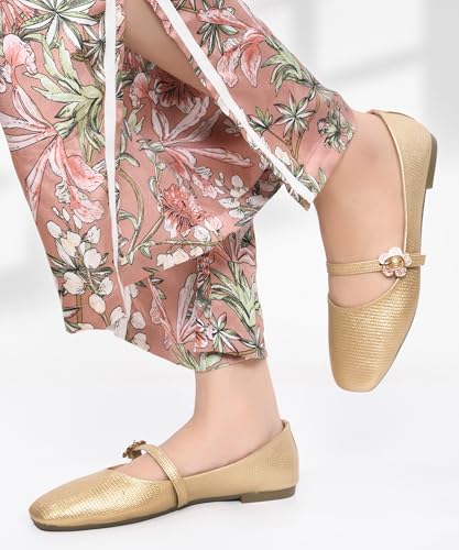 Image of JM LOOKS Elegant Textured Metallic Mary Jane Flats with Floral Buckle Detail and Comfortable Low Profile Sole