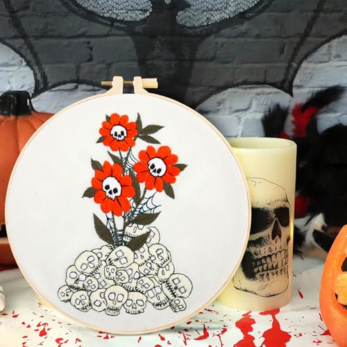 Image of Crafmanoe Halloween Embroidery Starter Kit for Beginners Adults, Skull Flowers Stamped Cross Stitch Kits for Beginners Adults, Gothic Hand Embroidery Needlepoint Kits, Hoops, Fabric and Video Tutorial