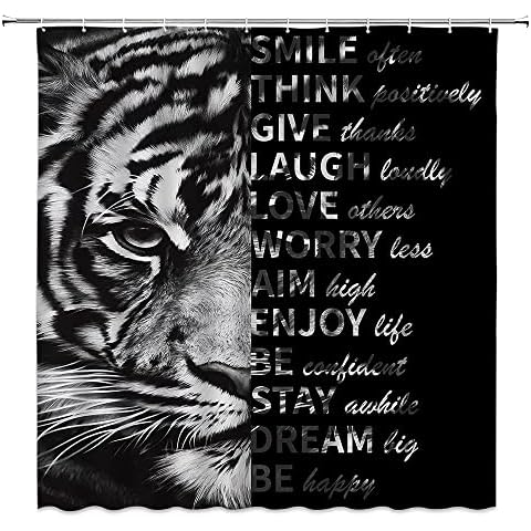 ALHONLY Tiger Inspirational Quotes Shower Curtain Black and White Wildlife Motivational Words Brave Majestic Wild Animal for Men Boys Polyester Curtains Bathroom Decor with Hooks 70wX70h Inch Cover