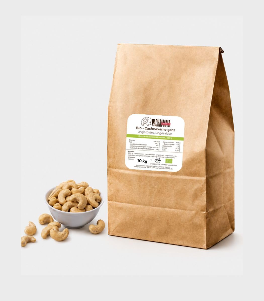10 kg BIO Cashewkerne Ganz | Ungeröstet | Ohne Zusatzstoffe | Vegan | Glutenfrei | Plastikfrei
