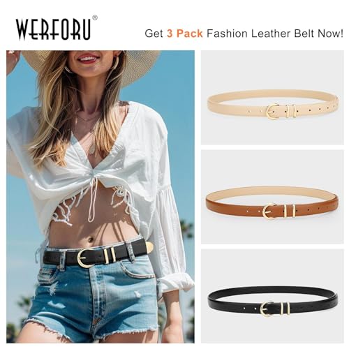 WERFORU 3 Pack Women's Skinny Leather Belts for Jeans Dress Ladies Vintage Waist Belt with Gold Silver Buckle4