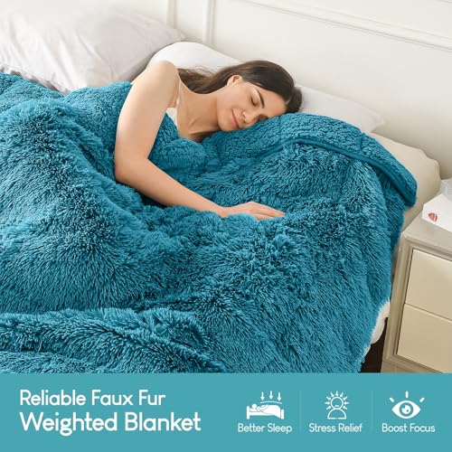 Image of Cottonblue Adults Weighted Blanket 17lbs 60x80 inches for Queen Bed, Faux Fur Sherpa Weighted Blanket for Sofa Couch Bed, Plush Cozy Bed Blanket with Glass Beads for Calm and Relax,Teal Green
