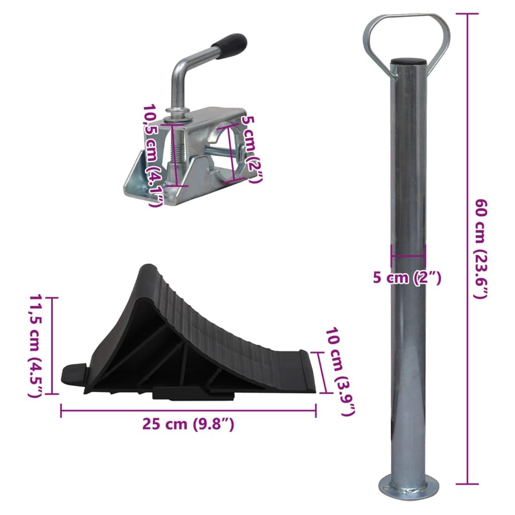 Stützrad 60 mm aus verzinktem Stahl mit 2 Stützrohren 63-87,5 cm, 3 Klemmen, Unterlegkeile für Anhänger, Trailer, Autoanhänger mit Kupplungssicherung und stabiler Befestigung