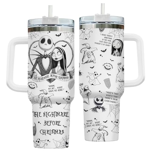 GEPOSTORE Christmas Gifts for Movie Lovers, Jack 40 oz Stainless Steel Tumbler with Handle, Lid, and Straw, Nightmare Cup, Christmas Mug, Horror Movie Gifts for Cartoon Lovers