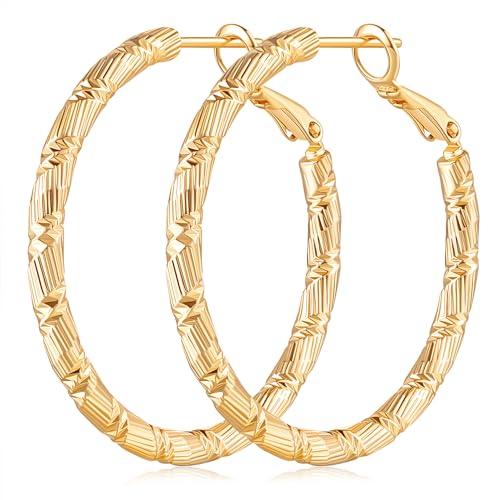 Gold Hoops Earrings for Women 14K Gold Earring Thick Hoop Earring for Womens Earrings Solid Line Cutting Design 30mm